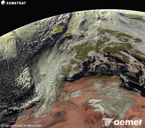 Esta imagen se genera utilizando informacin de los canales visibles del satlite METEOSAT perteneciente a la segunda generacin de satlites Meteosat (MSG). Por ese motivo, slo hay informacin en la zona iluminada por el sol. Adems, los canales han sido normalizados para que el brillo no dependa de la posicin del sol. viernes, 12 diciembre 2025 a las 11:00