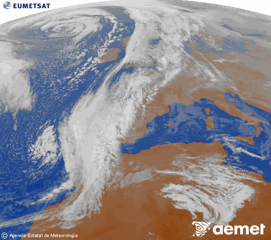 Imagen de la zona de Europa y Norte de frica del canal infrarrojo del satlite Meteosat operacional en 0N 0W, procesada para darle color. viernes, 12 diciembre 2025 a las 11:00