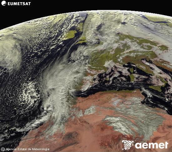 Esta imagen se genera utilizando informacin de los canales visibles del satlite METEOSAT perteneciente a la segunda generacin de satlites Meteosat (MSG). Por ese motivo, slo hay informacin en la zona iluminada por el sol. Adems, los canales han sido normalizados para que el brillo no dependa de la posicin del sol. viernes, 12 diciembre 2025 a las 12:00