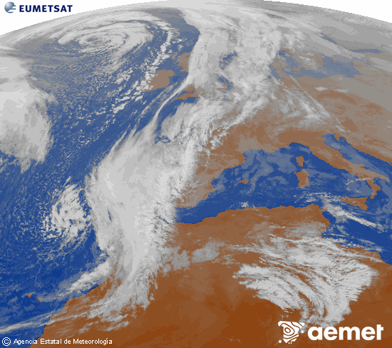 Imagen de la zona de Europa y Norte de frica del canal infrarrojo del satlite Meteosat operacional en 0N 0W, procesada para darle color. viernes, 12 diciembre 2025 a las 12:00