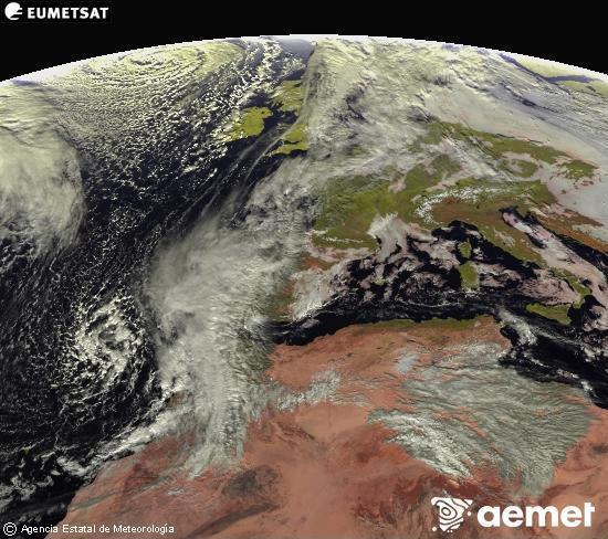Esta imagen se genera utilizando informacin de los canales visibles del satlite METEOSAT perteneciente a la segunda generacin de satlites Meteosat (MSG). Por ese motivo, slo hay informacin en la zona iluminada por el sol. Adems, los canales han sido normalizados para que el brillo no dependa de la posicin del sol. viernes, 12 diciembre 2025 a las 13:00