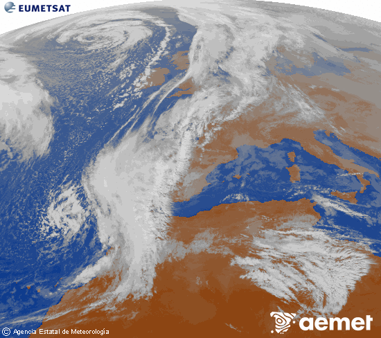 Imagen de la zona de Europa y Norte de frica del canal infrarrojo del satlite Meteosat operacional en 0N 0W, procesada para darle color. viernes, 12 diciembre 2025 a las 13:00