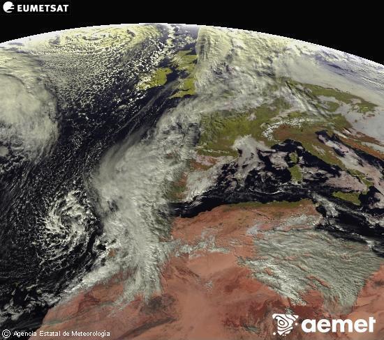 Esta imagen se genera utilizando informacin de los canales visibles del satlite METEOSAT perteneciente a la segunda generacin de satlites Meteosat (MSG). Por ese motivo, slo hay informacin en la zona iluminada por el sol. Adems, los canales han sido normalizados para que el brillo no dependa de la posicin del sol. viernes, 12 diciembre 2025 a las 14:00