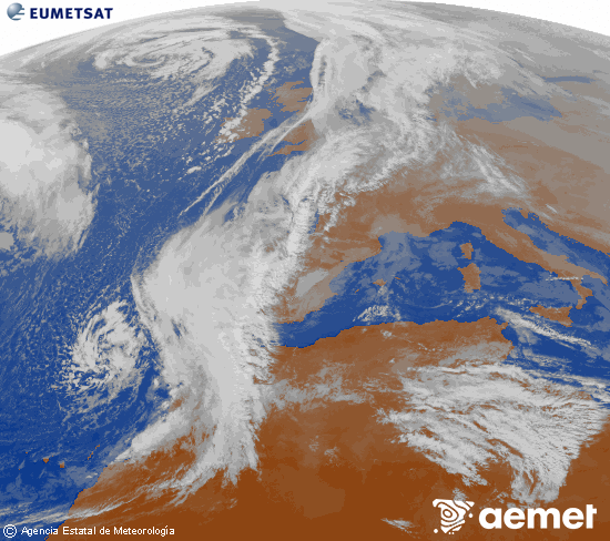 Imagen de la zona de Europa y Norte de frica del canal infrarrojo del satlite Meteosat operacional en 0N 0W, procesada para darle color. viernes, 12 diciembre 2025 a las 14:00