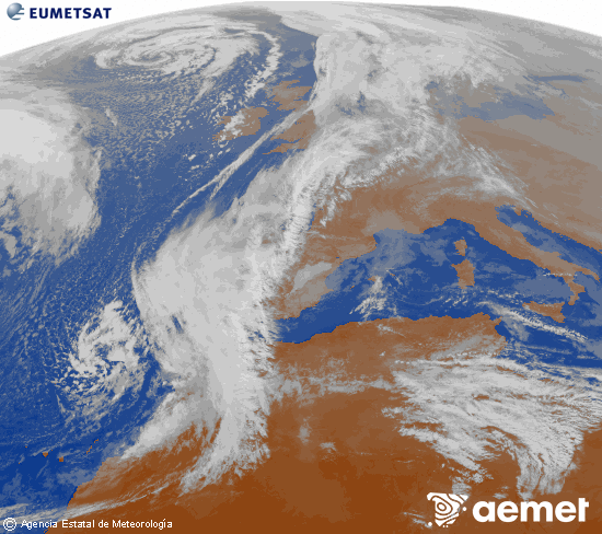 Imagen de la zona de Europa y Norte de frica del canal infrarrojo del satlite Meteosat operacional en 0N 0W, procesada para darle color. viernes, 12 diciembre 2025 a las 15:00