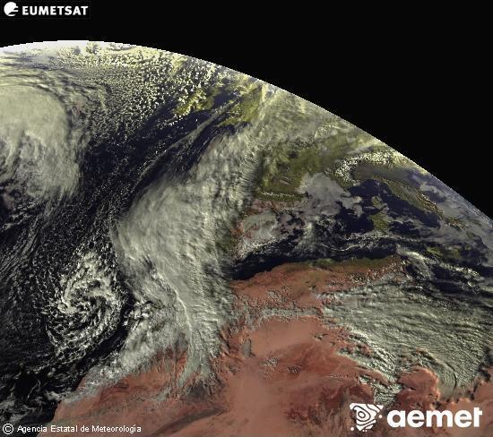 Esta imagen se genera utilizando informacin de los canales visibles del satlite METEOSAT perteneciente a la segunda generacin de satlites Meteosat (MSG). Por ese motivo, slo hay informacin en la zona iluminada por el sol. Adems, los canales han sido normalizados para que el brillo no dependa de la posicin del sol. viernes, 12 diciembre 2025 a las 16:00