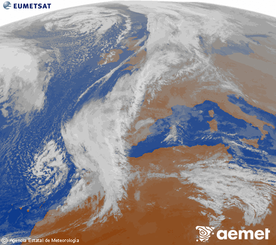 Imagen de la zona de Europa y Norte de frica del canal infrarrojo del satlite Meteosat operacional en 0N 0W, procesada para darle color. viernes, 12 diciembre 2025 a las 16:00