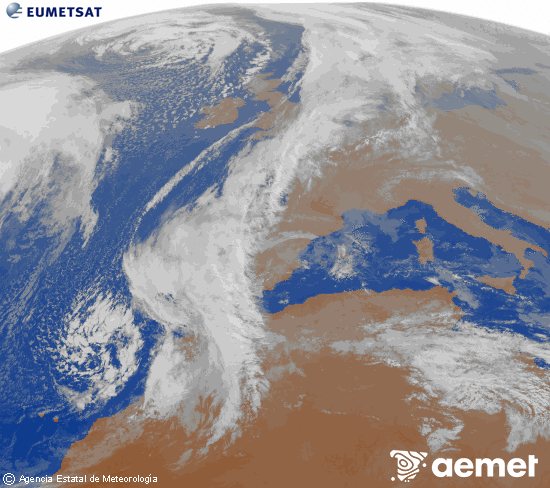 Imagen de la zona de Europa y Norte de frica del canal infrarrojo del satlite Meteosat operacional en 0N 0W, procesada para darle color. viernes, 12 diciembre 2025 a las 18:00