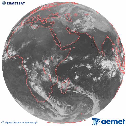 Ocano ndico. Imagen global del canal infrarrojo (10.8μm) de Meteosat, perteneciente a la serie MSG (Meteosat Segunda Generacin) y situado en 41.5° E. larunbata, 2025ko abenduak 13, ordua: 01:00