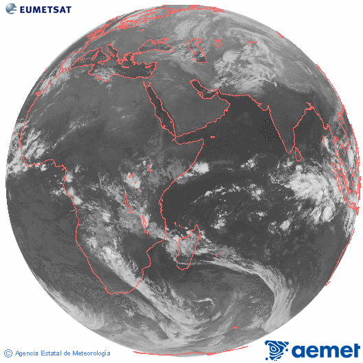 Ocano ndico. Imagen global del canal infrarrojo (10.8μm) de Meteosat, perteneciente a la serie MSG (Meteosat Segunda Generacin) y situado en 41.5° E. larunbata, 2025ko abenduak 13, ordua: 04:00