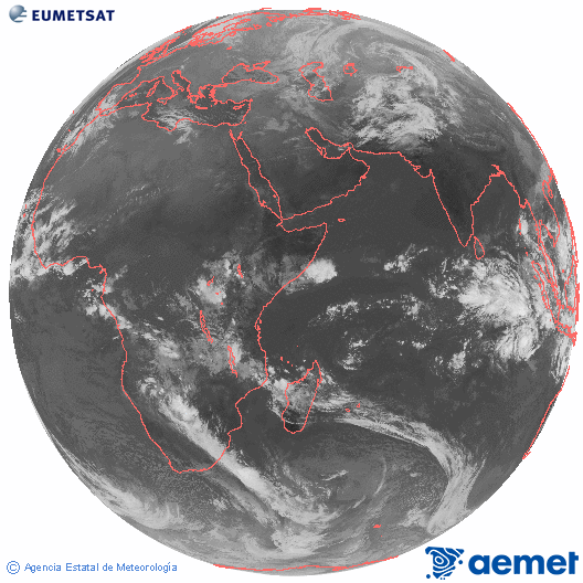 Ocano ndico. Imagen global del canal infrarrojo (10.8μm) de Meteosat, perteneciente a la serie MSG (Meteosat Segunda Generacin) y situado en 41.5° E. larunbata, 2025ko abenduak 13, ordua: 07:00