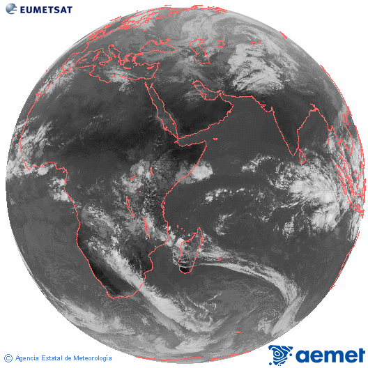 Ocano ndico. Imagen global del canal infrarrojo (10.8μm) de Meteosat, perteneciente a la serie MSG (Meteosat Segunda Generacin) y situado en 41.5° E. larunbata, 2025ko abenduak 13, ordua: 10:00