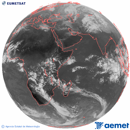 Ocano ndico. Imagen global del canal infrarrojo (10.8μm) de Meteosat, perteneciente a la serie MSG (Meteosat Segunda Generacin) y situado en 41.5° E. larunbata, 2025ko abenduak 13, ordua: 13:00