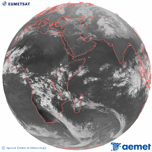 Ocano ndico. Imagen global del canal infrarrojo (10.8μm) de Meteosat, perteneciente a la serie MSG (Meteosat Segunda Generacin) y situado en 41.5° E. larunbata, 2025ko abenduak 13, ordua: 16:00