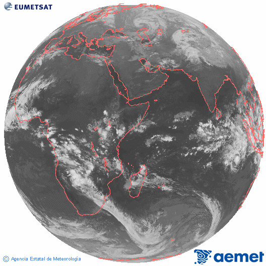 Ocano ndico. Imagen global del canal infrarrojo (10.8μm) de Meteosat, perteneciente a la serie MSG (Meteosat Segunda Generacin) y situado en 41.5° E. larunbata, 2025ko abenduak 13, ordua: 19:00