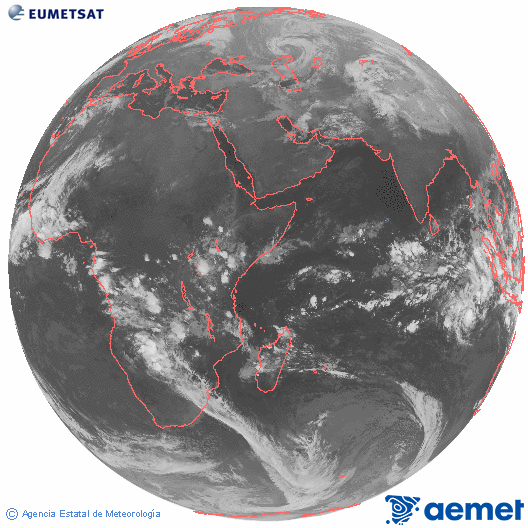 Ocano ndico. Imagen global del canal infrarrojo (10.8μm) de Meteosat, perteneciente a la serie MSG (Meteosat Segunda Generacin) y situado en 41.5° E. larunbata, 2025ko abenduak 13, ordua: 22:00