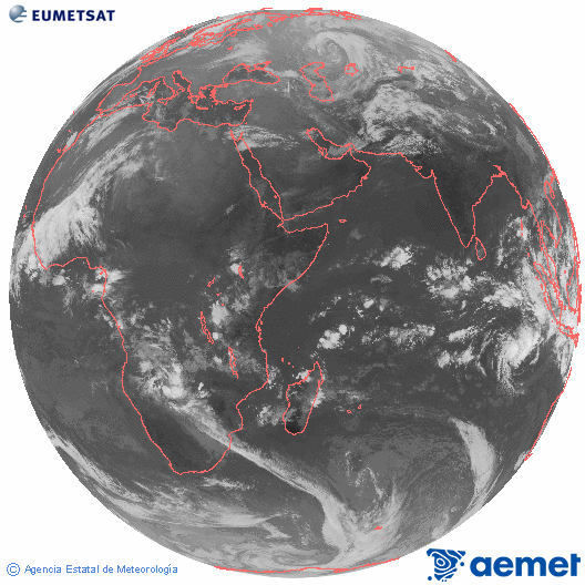 Ocano ndico. Imagen global del canal infrarrojo (10.8μm) de Meteosat, perteneciente a la serie MSG (Meteosat Segunda Generacin) y situado en 41.5° E. diumenge, 14 de desembre  2025 07:00