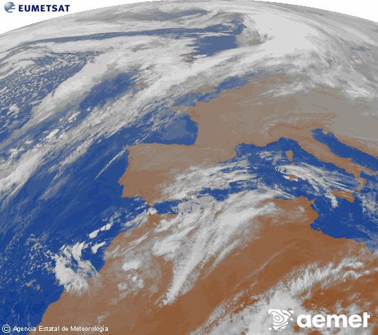 Imatge de la zona d'Europa i Nord d'frica del canal infraroig del satllit Meteosat operacional en 0N 0W, processada per a donar-li color. diumenge, 14 de desembre  2025 10:00