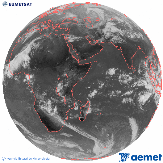 Ocano ndico. Imagen global del canal infrarrojo (10.8μm) de Meteosat, perteneciente a la serie MSG (Meteosat Segunda Generacin) y situado en 41.5° E. diumenge, 14 de desembre  2025 10:00