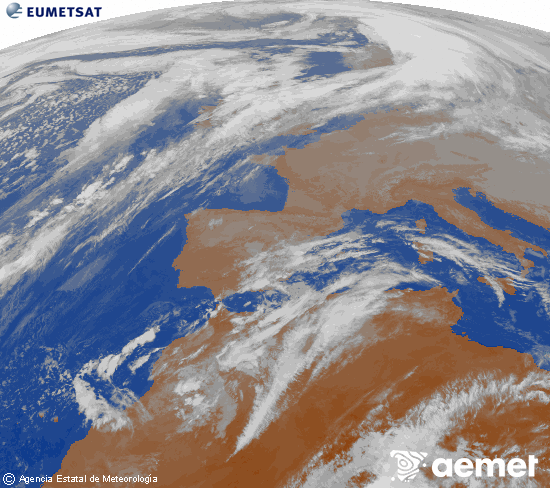 Imatge de la zona d'Europa i Nord d'frica del canal infraroig del satllit Meteosat operacional en 0N 0W, processada per a donar-li color. diumenge, 14 de desembre  2025 11:00
