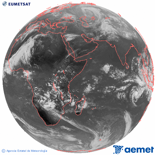 Ocano ndico. Imagen global del canal infrarrojo (10.8μm) de Meteosat, perteneciente a la serie MSG (Meteosat Segunda Generacin) y situado en 41.5° E. diumenge, 14 de desembre  2025 13:00