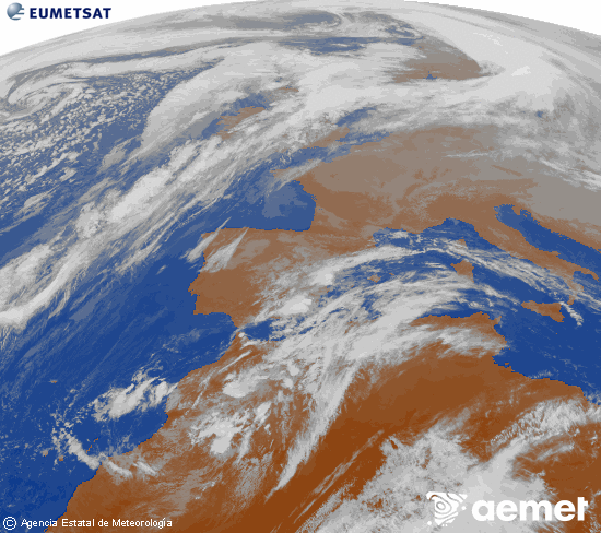 Imaxe da zona de Europa e Norte de frica da canle infravermella do satlite Meteosat operacional en 0N 0W, procesada para darlle cor. domingo, 14 decembro  2025 14:00