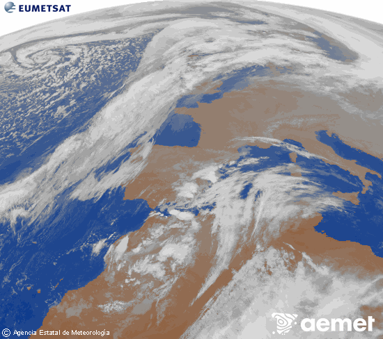Imaxe da zona de Europa e Norte de frica da canle infravermella do satlite Meteosat operacional en 0N 0W, procesada para darlle cor. domingo, 14 decembro  2025 19:00