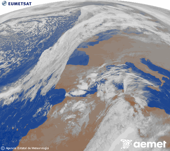 Imaxe da zona de Europa e Norte de frica da canle infravermella do satlite Meteosat operacional en 0N 0W, procesada para darlle cor. domingo, 14 decembro  2025 23:00