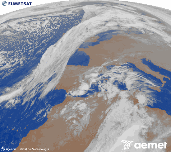 Imaxe da zona de Europa e Norte de frica da canle infravermella do satlite Meteosat operacional en 0N 0W, procesada para darlle cor. luns, 15 decembro  2025 00:00
