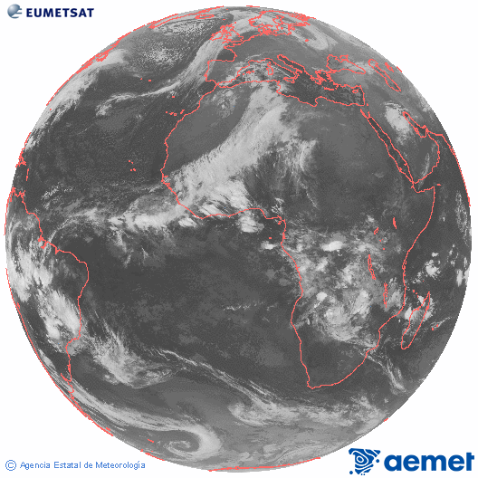 Imatge global del canal infraroig (10.8  &mu;m) del sat�l�lit Meteosat, pertanyent a la s�rie MSG (Meteosat Segona Generaci�) i situat en 0�N 0�E.&nbsp;dilluns, 15 de desembre  2025 01:00