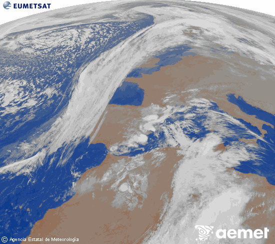 Imaxe da zona de Europa e Norte de frica da canle infravermella do satlite Meteosat operacional en 0N 0W, procesada para darlle cor. luns, 15 decembro  2025 03:00