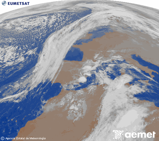 Imaxe da zona de Europa e Norte de frica da canle infravermella do satlite Meteosat operacional en 0N 0W, procesada para darlle cor. luns, 15 decembro  2025 04:00