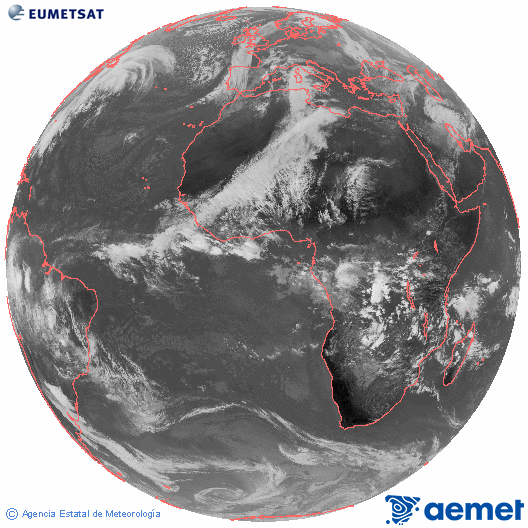 Imatge global del canal infraroig (10.8  &mu;m) del sat�l�lit Meteosat, pertanyent a la s�rie MSG (Meteosat Segona Generaci�) i situat en 0�N 0�E.&nbsp;dilluns, 15 de desembre  2025 13:00