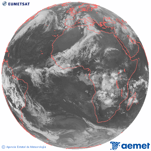Imagen global del canal infrarrojo (10.8 &mu;m) del sat�lite Meteosat, perteneciente a la serie MSG (Meteosat Segunda Generaci�n) y situado en 0�N 0�E.&nbsp;lunes, 15 diciembre 2025 a las 22:00