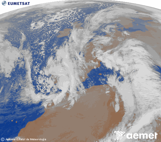 Imatge de la zona d'Europa i Nord d'�frica del canal infraroig del sat�l�lit Meteosat operacional en 0�N 0�W, processada per a donar-li color.&nbsp;dimarts, 16 de desembre  2025 01:00