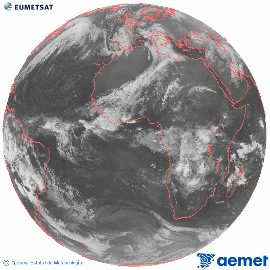 Imagen global del canal infrarrojo (10.8 &mu;m) del sat�lite Meteosat, perteneciente a la serie MSG (Meteosat Segunda Generaci�n) y situado en 0�N 0�E.&nbsp;martes, 16 diciembre 2025 a las 01:00