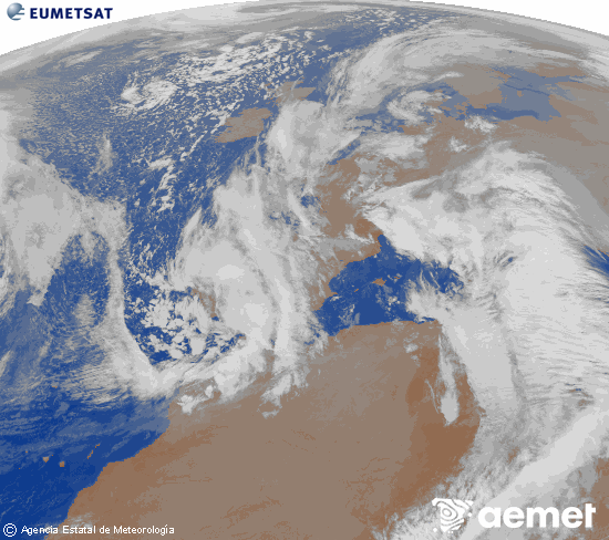 Imatge de la zona d'Europa i Nord d'�frica del canal infraroig del sat�l�lit Meteosat operacional en 0�N 0�W, processada per a donar-li color.&nbsp;dimarts, 16 de desembre  2025 02:00
