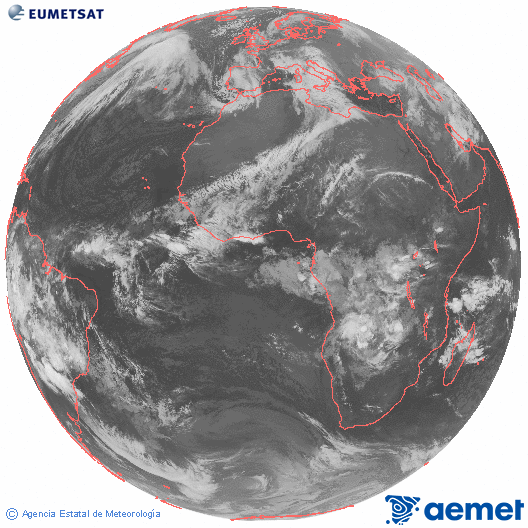 Imatge global del canal infraroig (10.8  &mu;m) del sat�l�lit Meteosat, pertanyent a la s�rie MSG (Meteosat Segona Generaci�) i situat en 0�N 0�E.&nbsp;dimarts, 16 de desembre  2025 04:00