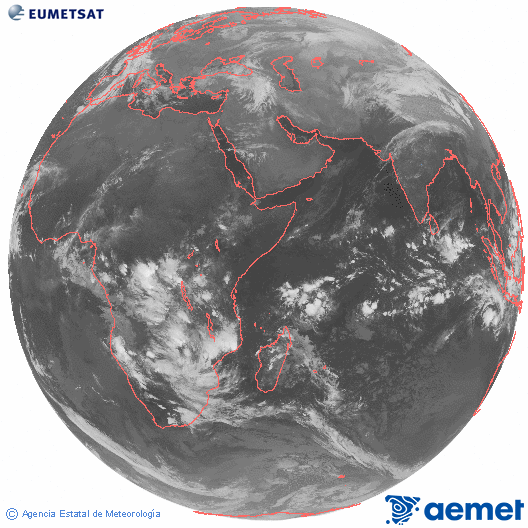 Oc�ano �ndico. Imagen global del canal infrarrojo (10.8&mu;m) de Meteosat, perteneciente a la serie MSG (Meteosat Segunda Generaci�n) y situado en 41.5° E.&nbsp;domingo, 21 diciembre 2025 a las 22:00