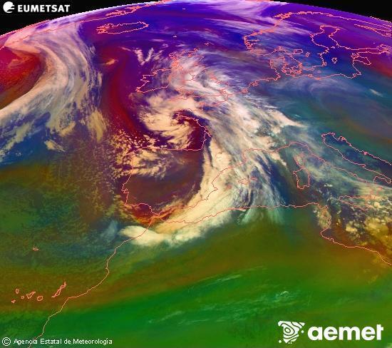 Composici� RGB en la qual es barregen diversos canals del sat�l�lit Meteosat operacional en 0�N 0�W, que ens d�na una idea de les caracter�stiques de les masses d'aire i de la nuvolositat.&nbsp;dilluns, 22 de desembre  2025 00:00
