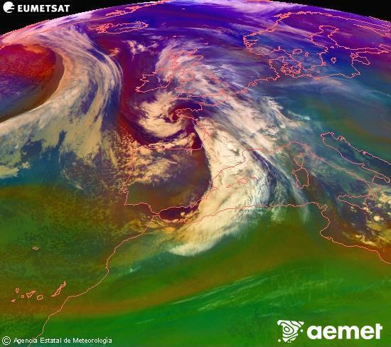 Composici� RGB en la qual es barregen diversos canals del sat�l�lit Meteosat operacional en 0�N 0�W, que ens d�na una idea de les caracter�stiques de les masses d'aire i de la nuvolositat.&nbsp;dilluns, 22 de desembre  2025 04:00