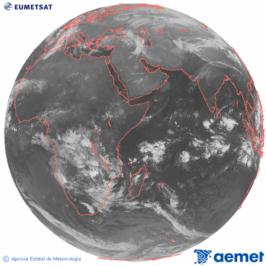 Oc�ano �ndico. Imagen global del canal infrarrojo (10.8&mu;m) de Meteosat, perteneciente a la serie MSG (Meteosat Segunda Generaci�n) y situado en 41.5° E.&nbsp;lunes, 22 diciembre 2025 a las 04:00