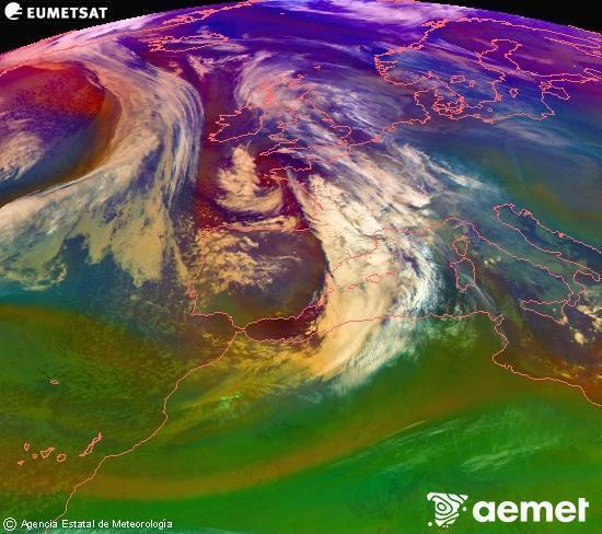 Composici� RGB en la qual es barregen diversos canals del sat�l�lit Meteosat operacional en 0�N 0�W, que ens d�na una idea de les caracter�stiques de les masses d'aire i de la nuvolositat.&nbsp;dilluns, 22 de desembre  2025 07:00