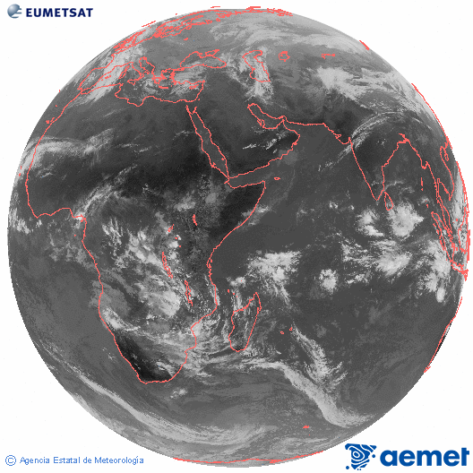 Oc�ano �ndico. Imagen global del canal infrarrojo (10.8&mu;m) de Meteosat, perteneciente a la serie MSG (Meteosat Segunda Generaci�n) y situado en 41.5° E.&nbsp;lunes, 22 diciembre 2025 a las 10:00