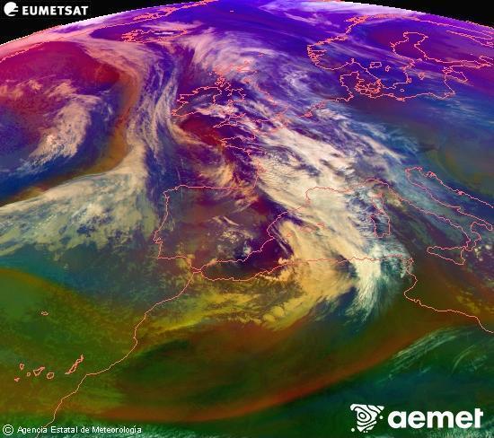 Composici� RGB en la qual es barregen diversos canals del sat�l�lit Meteosat operacional en 0�N 0�W, que ens d�na una idea de les caracter�stiques de les masses d'aire i de la nuvolositat.&nbsp;dilluns, 22 de desembre  2025 13:00