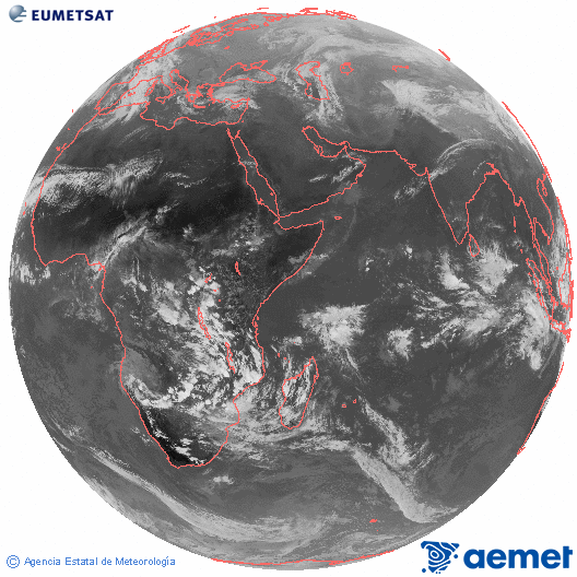 Oc�ano �ndico. Imagen global del canal infrarrojo (10.8&mu;m) de Meteosat, perteneciente a la serie MSG (Meteosat Segunda Generaci�n) y situado en 41.5° E.&nbsp;lunes, 22 diciembre 2025 a las 13:00