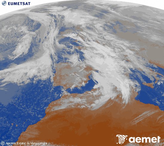 Imagen de la zona de Europa y Norte de �frica del canal infrarrojo del sat�lite Meteosat operacional en 0�N 0�W, procesada para darle color.&nbsp;dilluns, 22 de desembre  2025 14:00