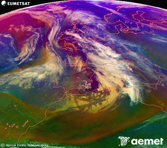 Composici� RGB en la qual es barregen diversos canals del sat�l�lit Meteosat operacional en 0�N 0�W, que ens d�na una idea de les caracter�stiques de les masses d'aire i de la nuvolositat.&nbsp;dilluns, 22 de desembre  2025 16:00