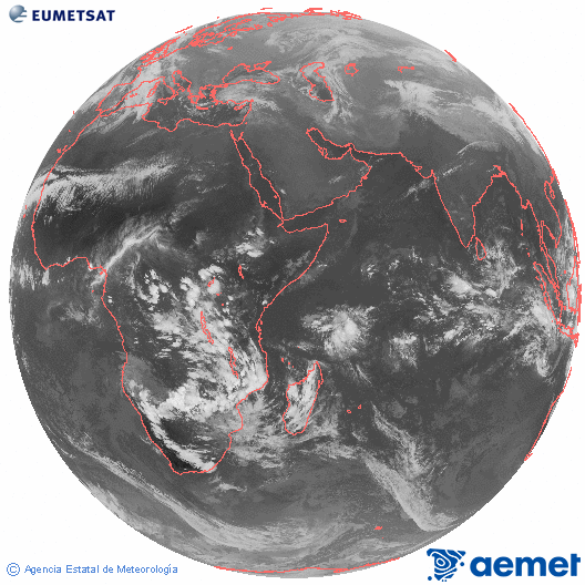 Oc�ano �ndico. Imagen global del canal infrarrojo (10.8&mu;m) de Meteosat, perteneciente a la serie MSG (Meteosat Segunda Generaci�n) y situado en 41.5° E.&nbsp;lunes, 22 diciembre 2025 a las 16:00