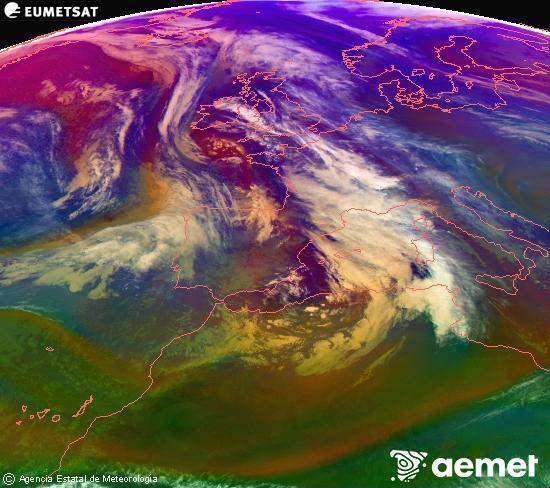 Composici� RGB en la qual es barregen diversos canals del sat�l�lit Meteosat operacional en 0�N 0�W, que ens d�na una idea de les caracter�stiques de les masses d'aire i de la nuvolositat.&nbsp;dilluns, 22 de desembre  2025 17:00